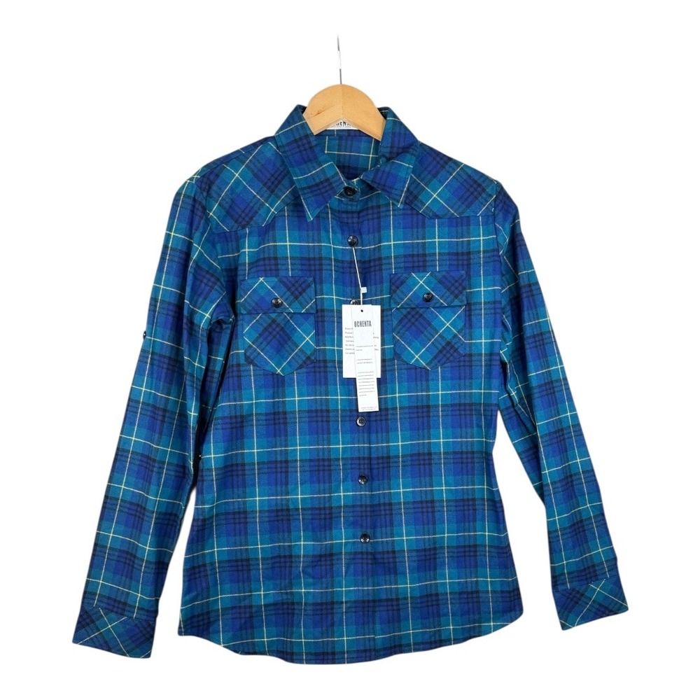 New Ochenta Plaid Long‎ Sleeve Button Down Shirt size Small Blue/Green